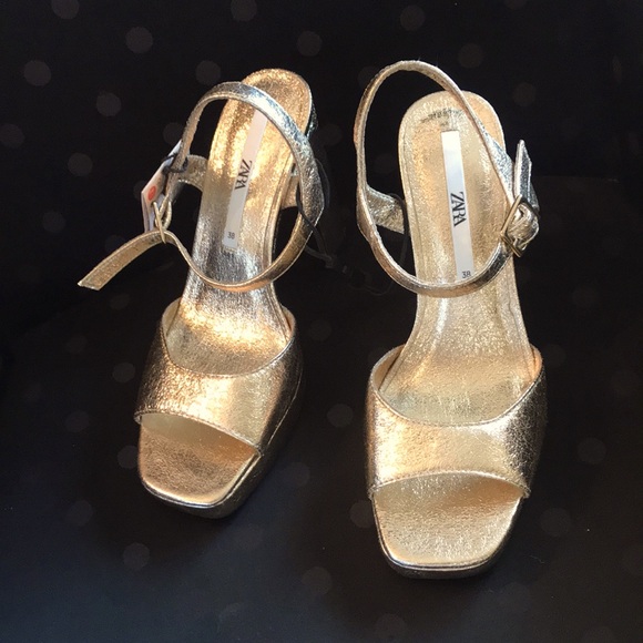 NWT Zara Gold Women's Platform Sandals Size 7.5 USA / 38 Europe 🌟 - Picture 2 of 11